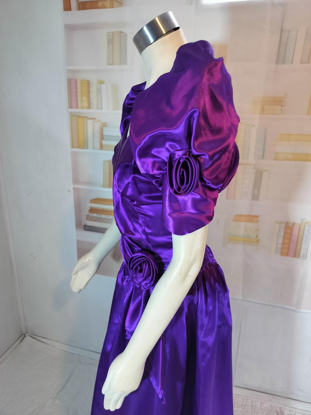 Vintage Vibrant Purple Puff-Sleeve Satin Dress - Picture 2 of 5